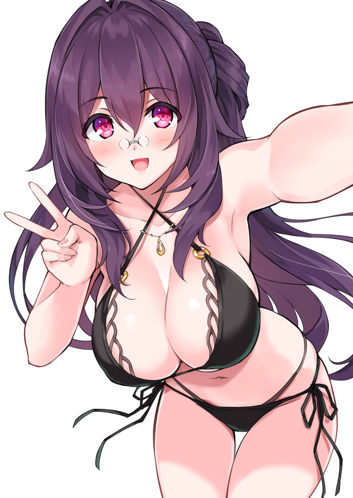 1girl, :d, armpits, bikini, black_bikini, blush, breasts, cleavage