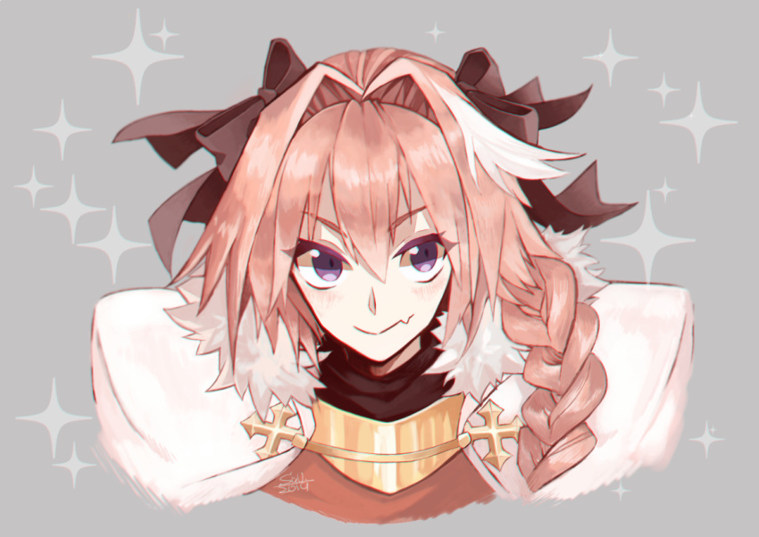 1boy, armor, astolfo_(fate), black_bow, black_ribbon, blush, bow, braid
