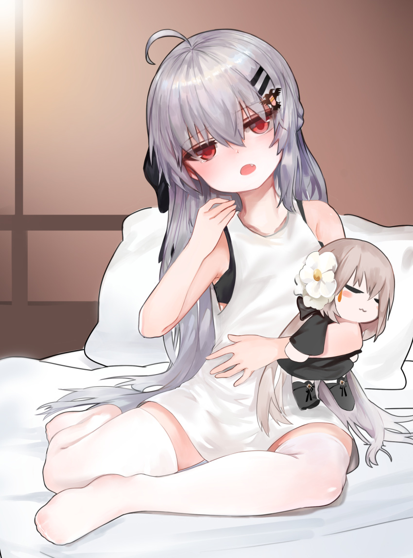 1girl, :o, absurdres, ahoge, aug_(girls_frontline), bangs, bare_arms, bare_shoulders