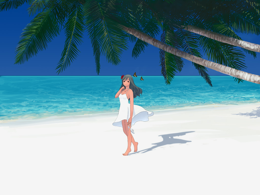 1024x768, barefoot, beach, butterfly, dress, kmr, long_hair, original