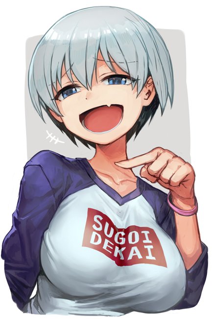 1girl, blue_eyes, bracelet, breasts, clothes_writing, collarbone, eyebrows_visible_through_hair, eyes_visible_through_hair
