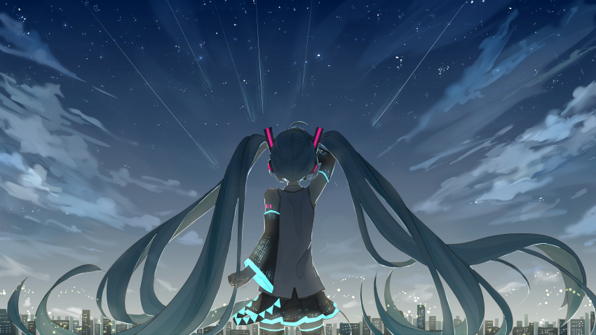 1girl, absurdly_long_hair, absurdres, aqua_hair, belt, cityscape, commentary, cowboy_shot