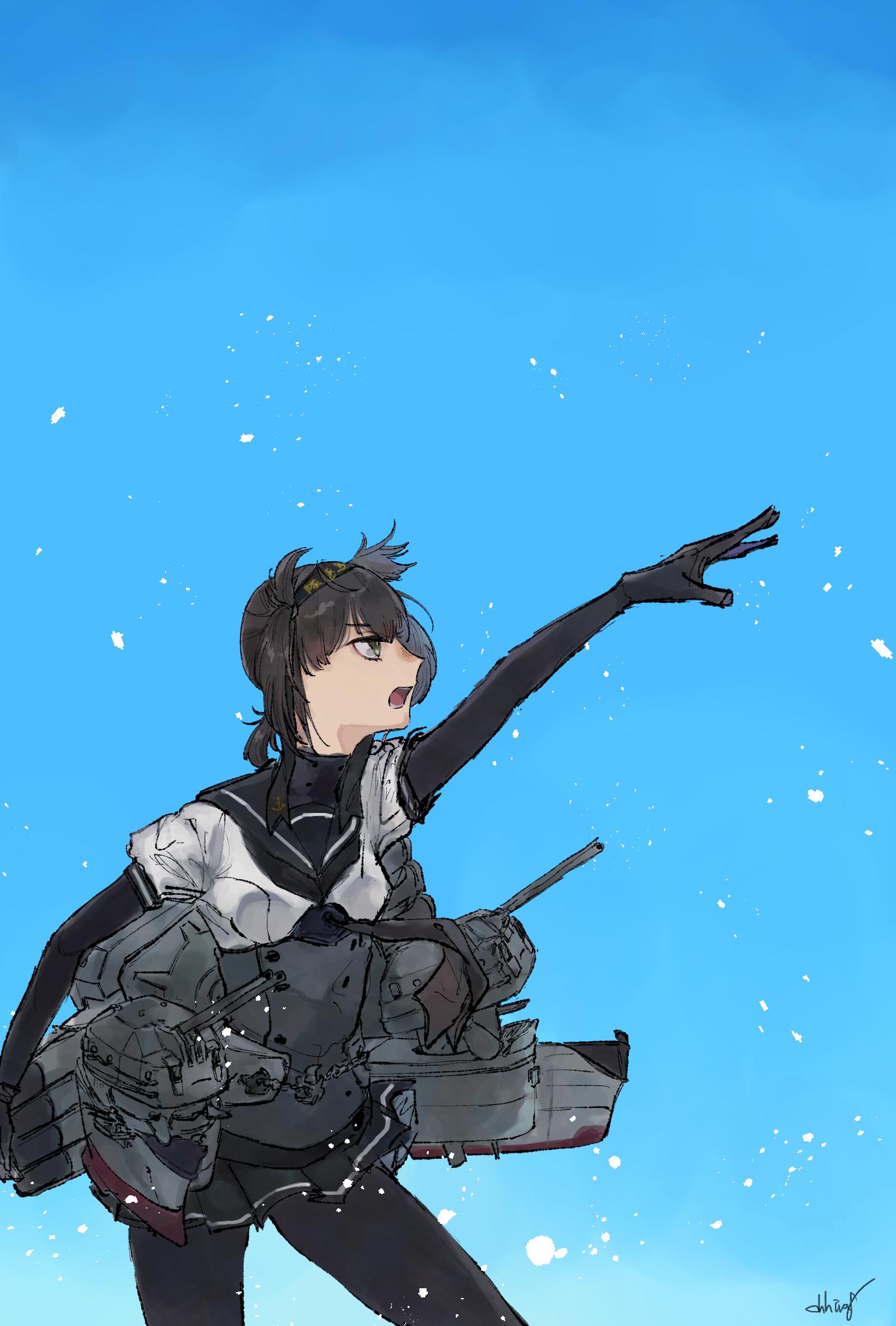 1girl, arm_up, black_bodysuit, black_gloves, black_hair, black_neckwear, black_ribbon, black_sailor_collar