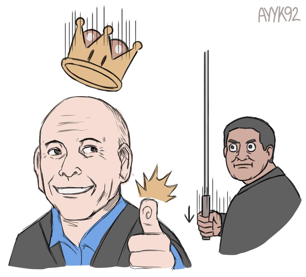 2boys, artist_name, ayyk92, bald, black_hair, blue_shirt, crown, doug_bowser