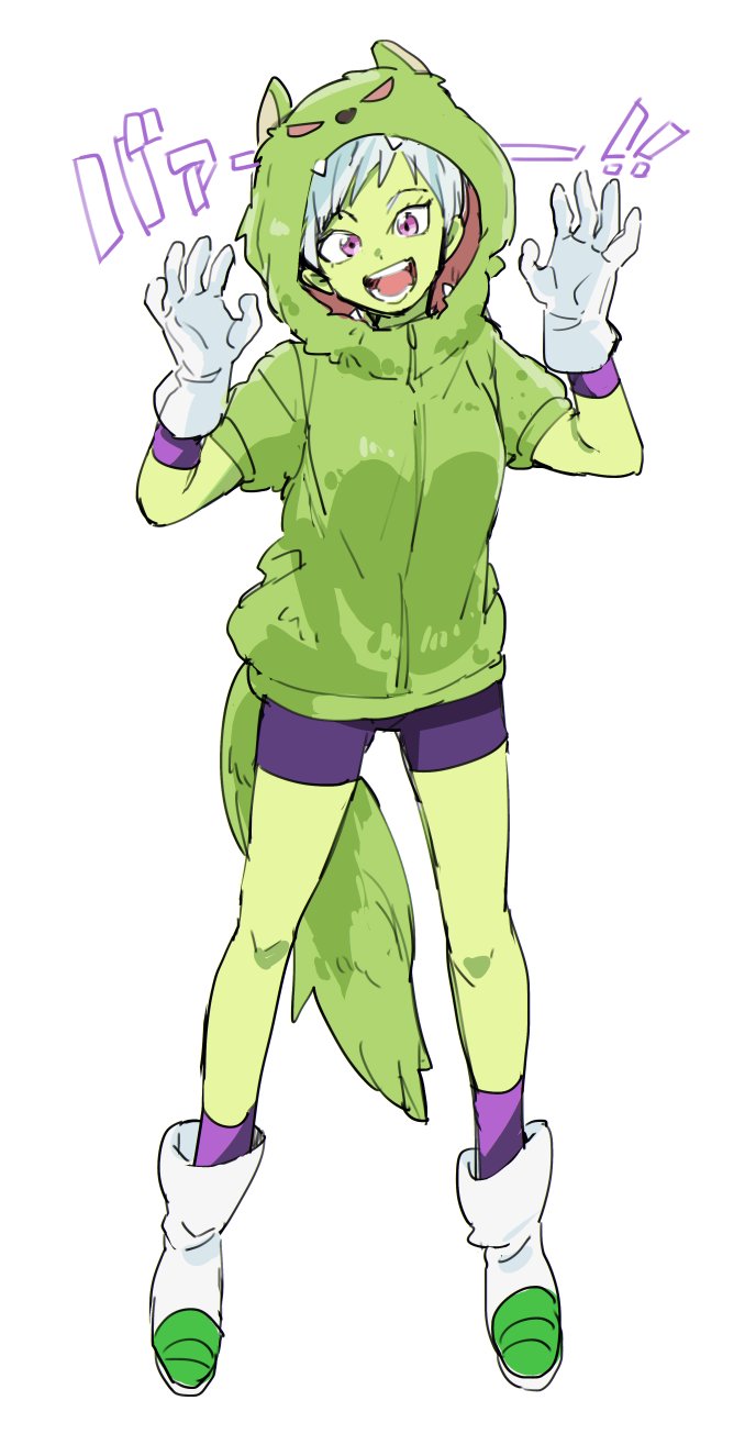 1girl, :d, bah_(dragon_ball), bah_(dragon_ball)_(cosplay), bare_legs, bidarian, boots, cheelai, cosplay, dragon_ball, dragon_ball_super_broly, full_body, gloves, green_jacket, highres, hood, hood_up, hooded_jacket, jacket, looking_at_viewer, open_mouth, purple_shorts, short_hair, shorts, simple_background, smile, solo, spread_legs, standing, tail, teeth, translation_request, violet_eyes, white_background, white_gloves, white_hair