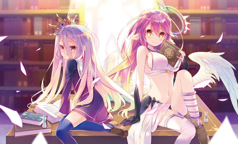 2girls, angel_wings, black_gloves, blue_hair, blue_legwear, blush, book, bookshelf
