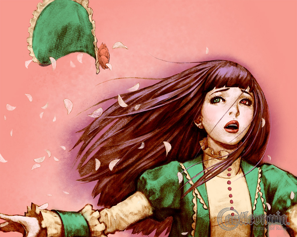 :o, akumajo_dracula, brown_hair, castlevania, castlevania:_portrait_of_ruin, close-up, earrings, flower, green_eyes, hat, heterochromia, jewelry, lipstick, lolita_fashion, long_hair, loretta, loretta_lecarde, matsukeshi, official_art, open_mouth, petals, purple_hair, red_eyes, rose, solo, surprised, turtleneck, vampire, wind