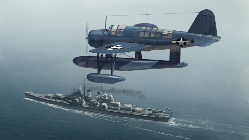 aircraft, airplane, highres, ocean, original, people, real_life, scenery, seo_tatsuya, ship, smoke, uss_cleveland_(cl-55), watercraft