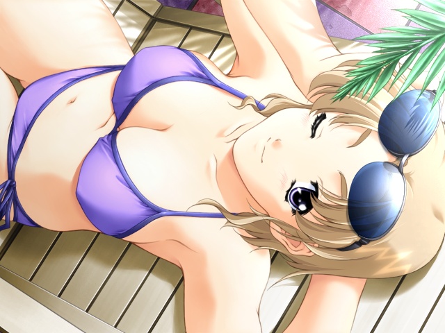blonde_hair, dousoukai_refrain, from_above, game_cg, lounge_chair, purple_eyes, short_hair, side-tie_bikini, sunglasses, swimsuit, violet_eyes, wink