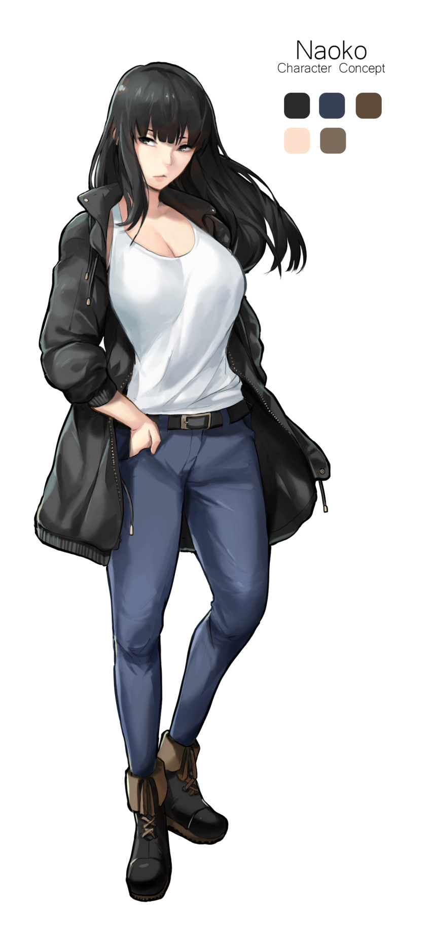 1girl, absurdres, bangs, black_hair, black_jacket, breasts, casual, cleavage