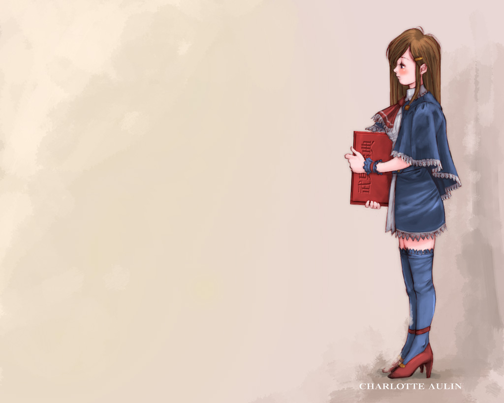 1girl, akumajo_dracula, ascot, blue_capelet, blue_legwear, blue_thighhighs, blush, book, brown_hair, capelet, castlevania, castlevania:_portrait_of_ruin, charlotte_aulin, frills, from_side, full_body, hair_ornament, hairclip, high_heels, holding, holding_book, long_hair, official_art, profile, red_footwear, red_neckwear, red_shoes, s._higashida, shoes, skirt, solo, standing, thigh-highs, thighhighs, wallpaper, wristband, zettai_ryouiki