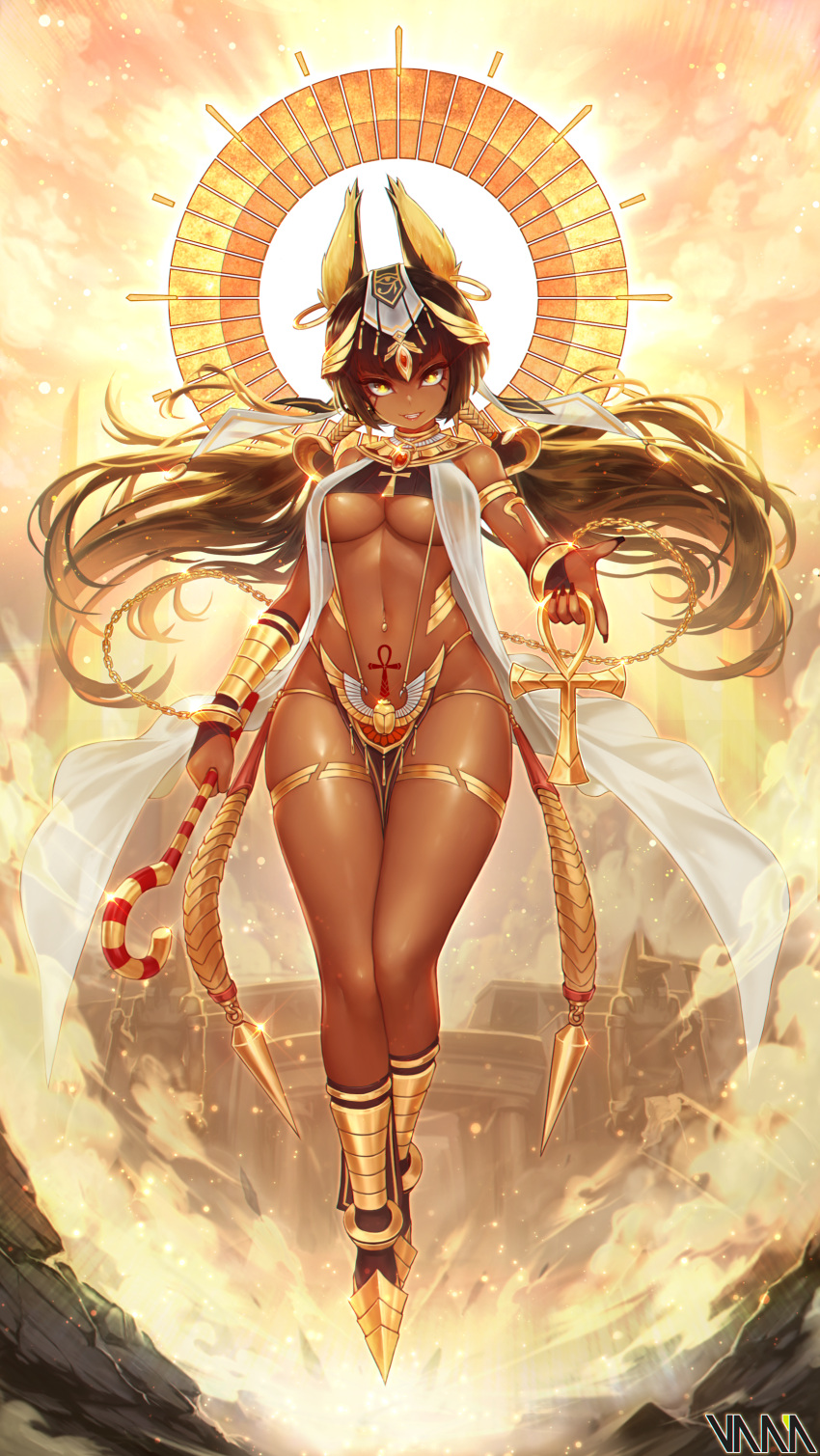 1girl, absurdres, anubis, armlet, armored_boots, artist_name, backlighting, bangs