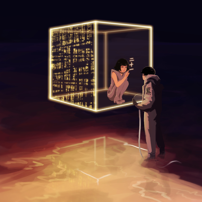 1boy, 1girl, black_hair, collar, cube, dark, drawing, eatslugs, floating, glowing, headwear_removed, helmet, helmet_removed, highres, holding, holding_helmet, long_sleeves, original, reflection, short_hair, sketch, sleeveless, squatting, standing, wide_shot