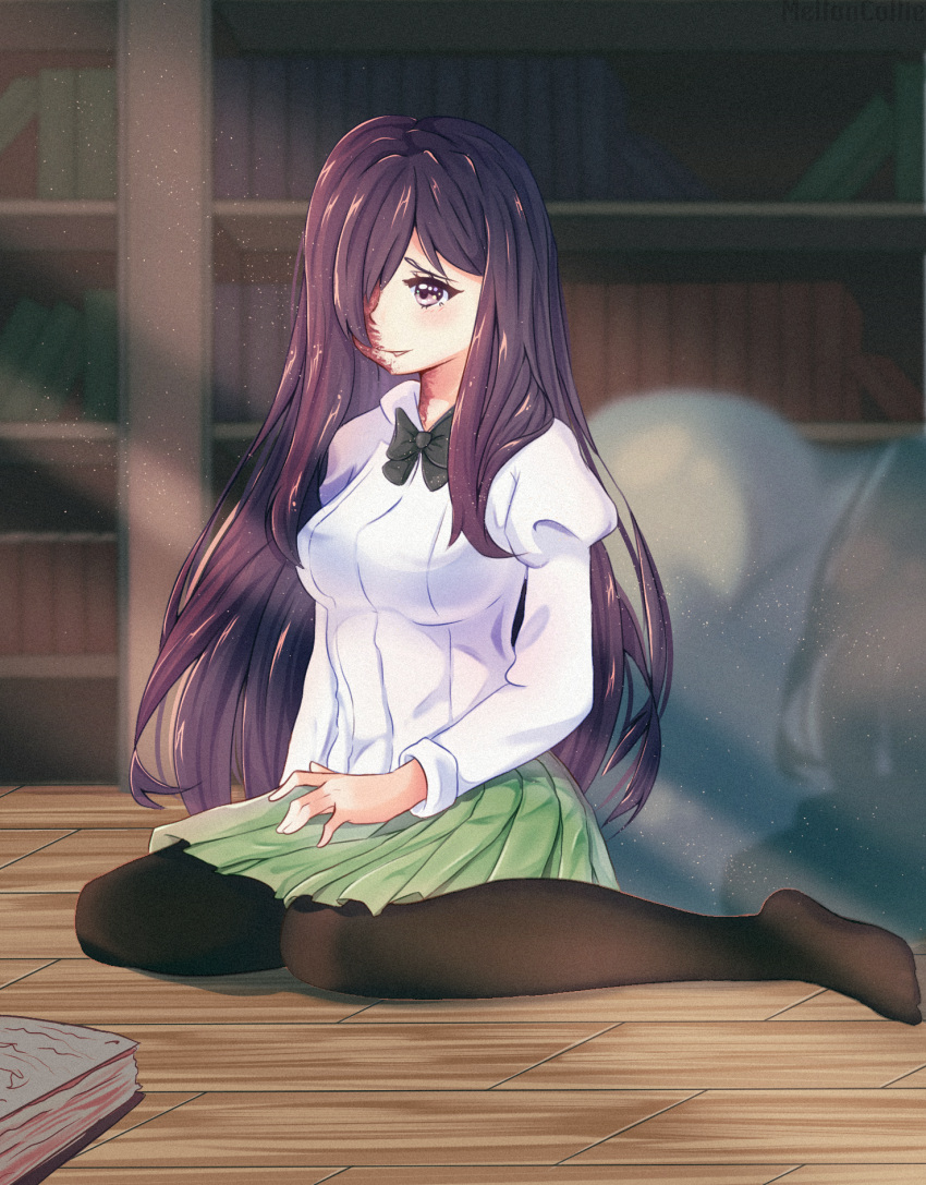 1girl, book, burn_scar, full_body, game, green_skirt, highres, ikezawa_hanako