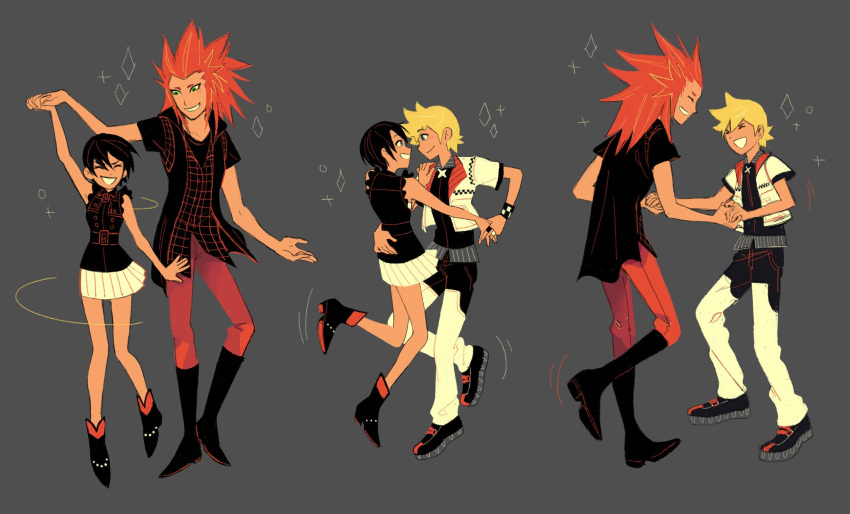 1girl, 2boys, alternate_costume, arm_around_waist, black_hair, closed_eyes, dancing, eye_contact