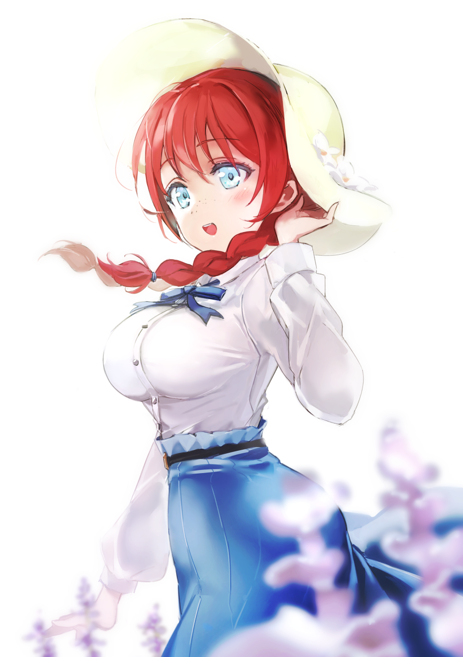 1girl, :d, adjusting_clothes, adjusting_hat, bangs, belt, blue_eyes, blue_neckwear