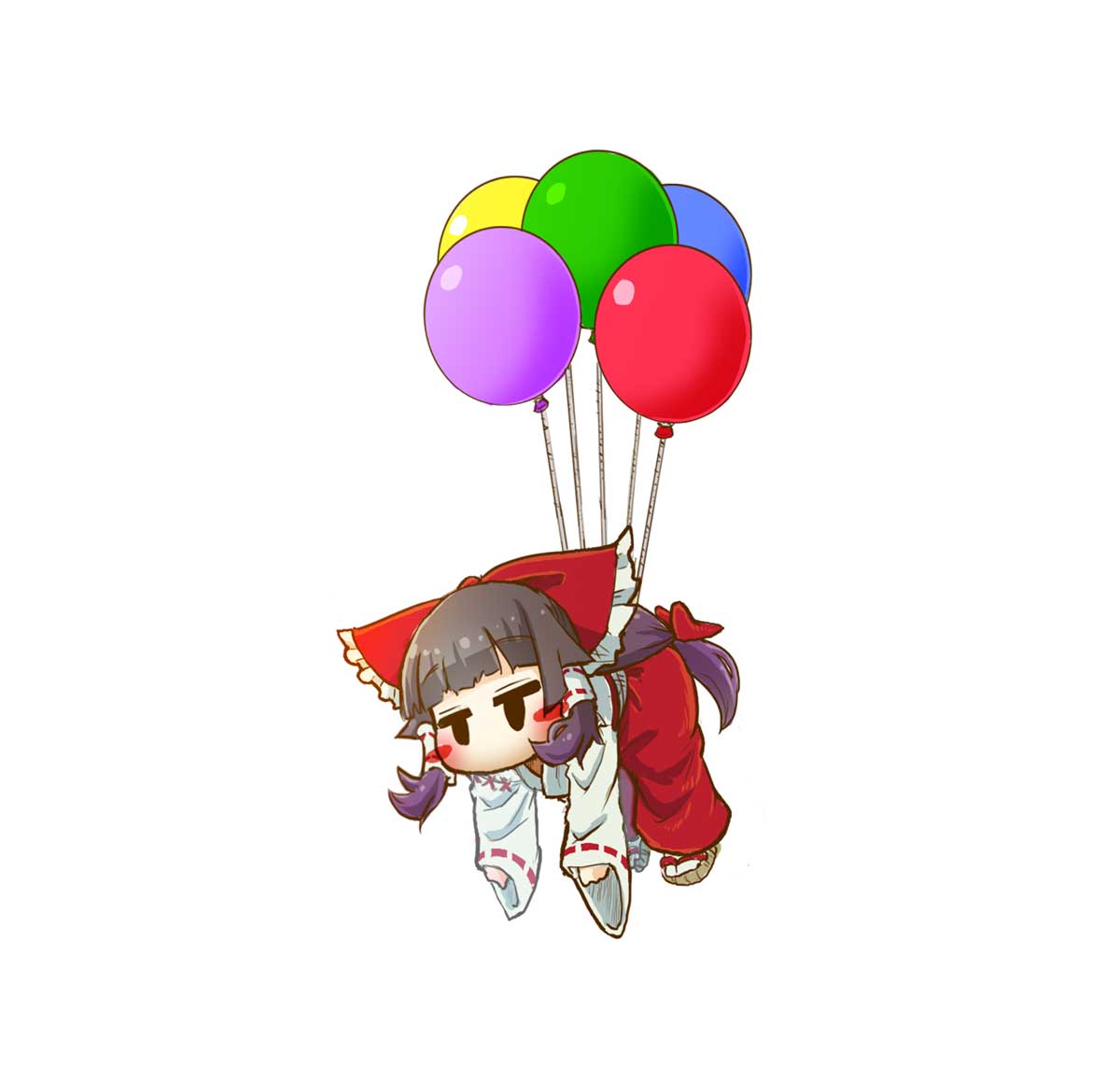 balloon, black_hair, blush, chamaji, expressionless, floating, hair_ribbon, hair_tubes