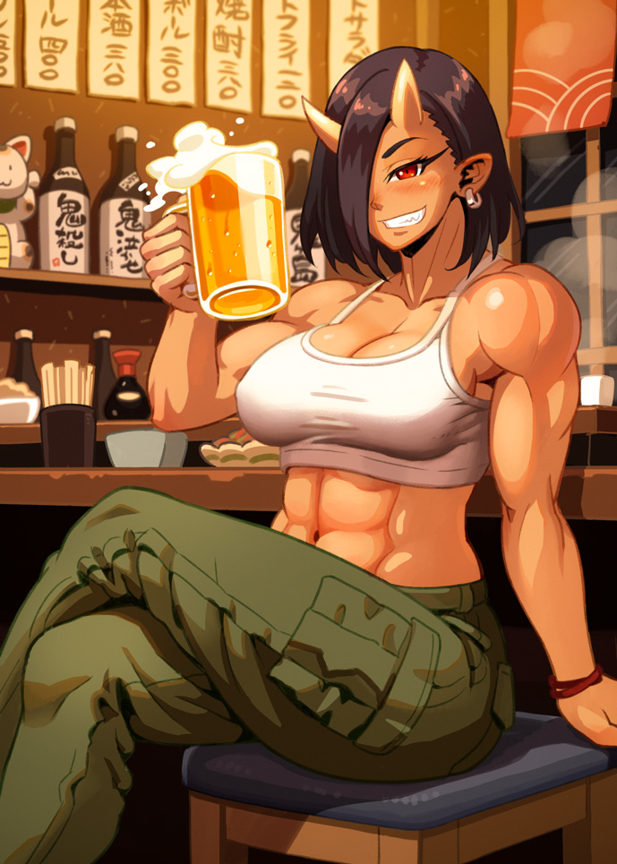 1girl, abs, alcohol, beer, beer_mug, blush, breasts, cargo_pants