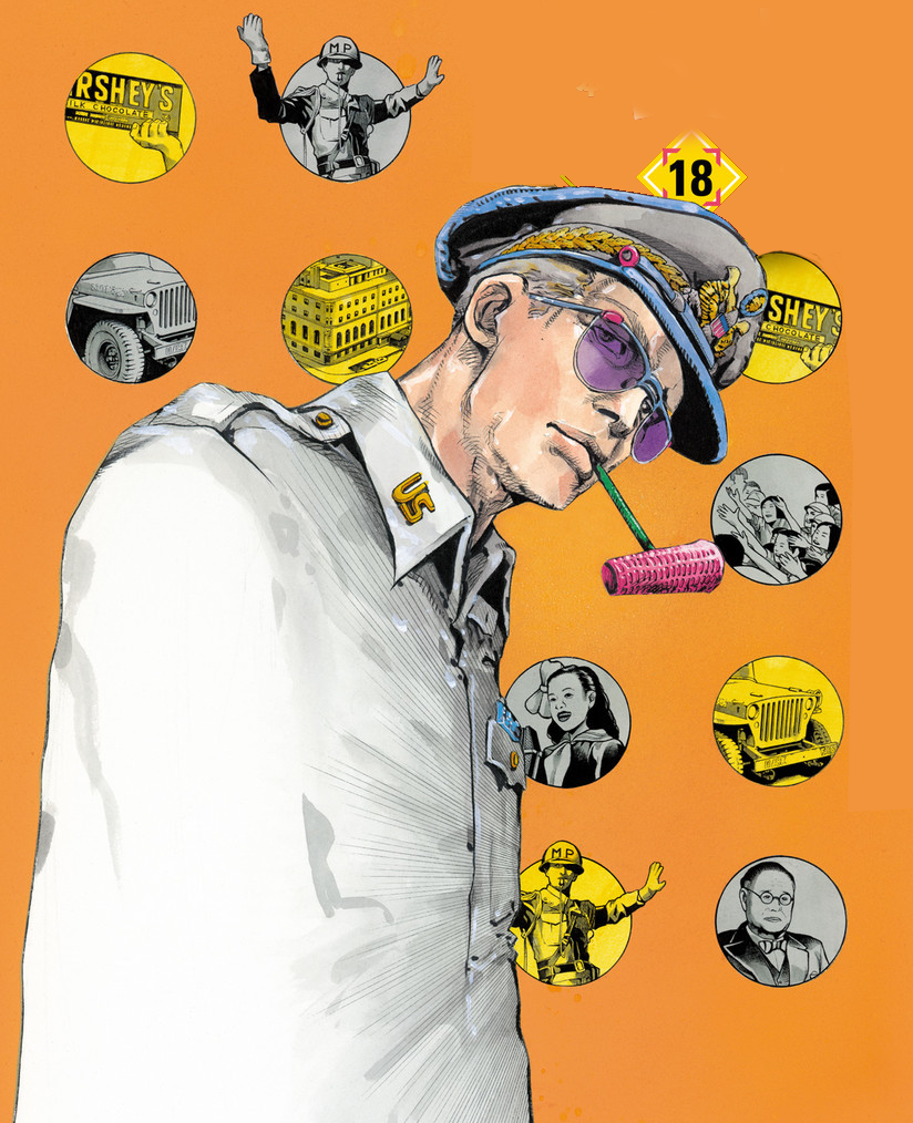 6+boys, 6+girls, araki_hirohiko, chocolate_bar, crowd, douglas_macarthur, english_text, gloves, hat, helmet, hershey's, looking_at_viewer, military, military_hat, military_police, military_uniform, multiple_boys, multiple_girls, original, peaked_cap, pipe, pipe_in_mouth, sunglasses, uniform, us_army, whistle