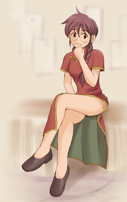 braid, brown_eyes, china_dress, chinadress, chinese_clothes, freckles, glasses, kyaperin
