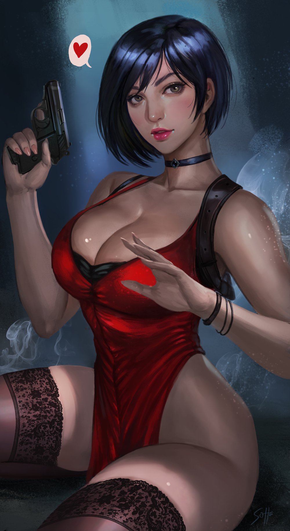 1girl, ada_wong, bangs, bare_shoulders, black_hair, bracelet, breasts, brown_eyes