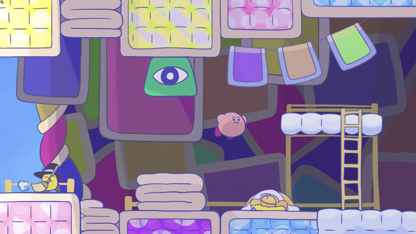 broom_hatter, floating, futon, hat, highres, i3_(kirby), kirby, kirby_(series), ladder, nintendo, no_humans, sleeping, suyabi_(subikabi1426zoy), sweeping, waddle_doo, witch_hat