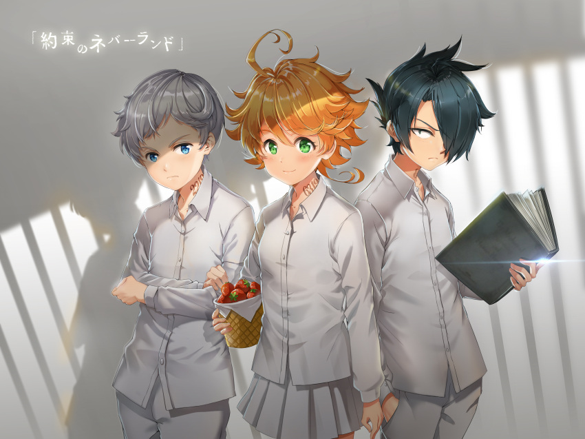 1girl, 2boys, absurdres, ahoge, arm_at_side, basket, black_eyes, black_hair