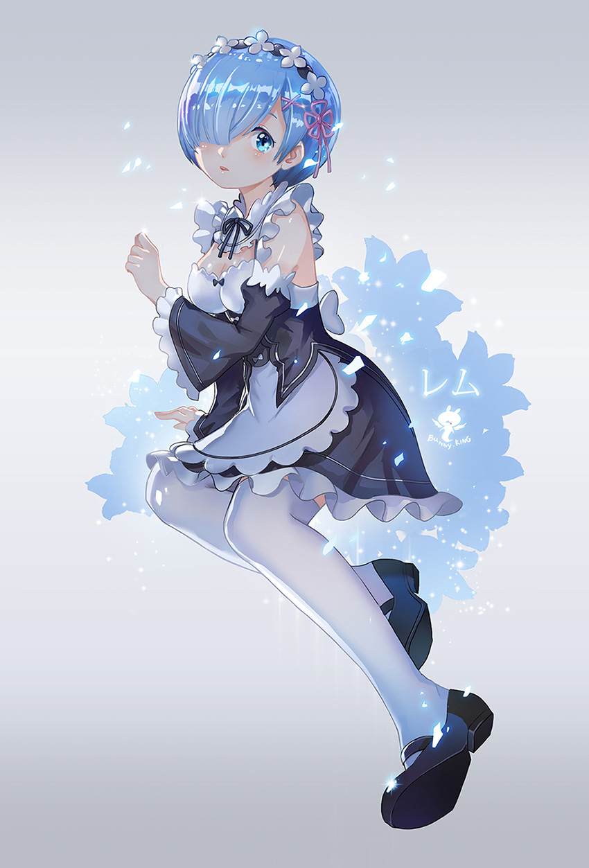1girl, artist_name, black_dress, black_footwear, blue_eyes, blue_hair, breasts, bunnyking618, cleavage, detached_sleeves, dress, frills, full_body, hair_ornament, hair_over_one_eye, hair_ribbon, hand_up, highres, looking_at_viewer, maid, maid_headdress, medium_breasts, open_mouth, pink_ribbon, re:zero_kara_hajimeru_isekai_seikatsu, rem_(re:zero), ribbon, short_hair, simple_background, sitting, solo, thigh-highs, white_legwear, x_hair_ornament