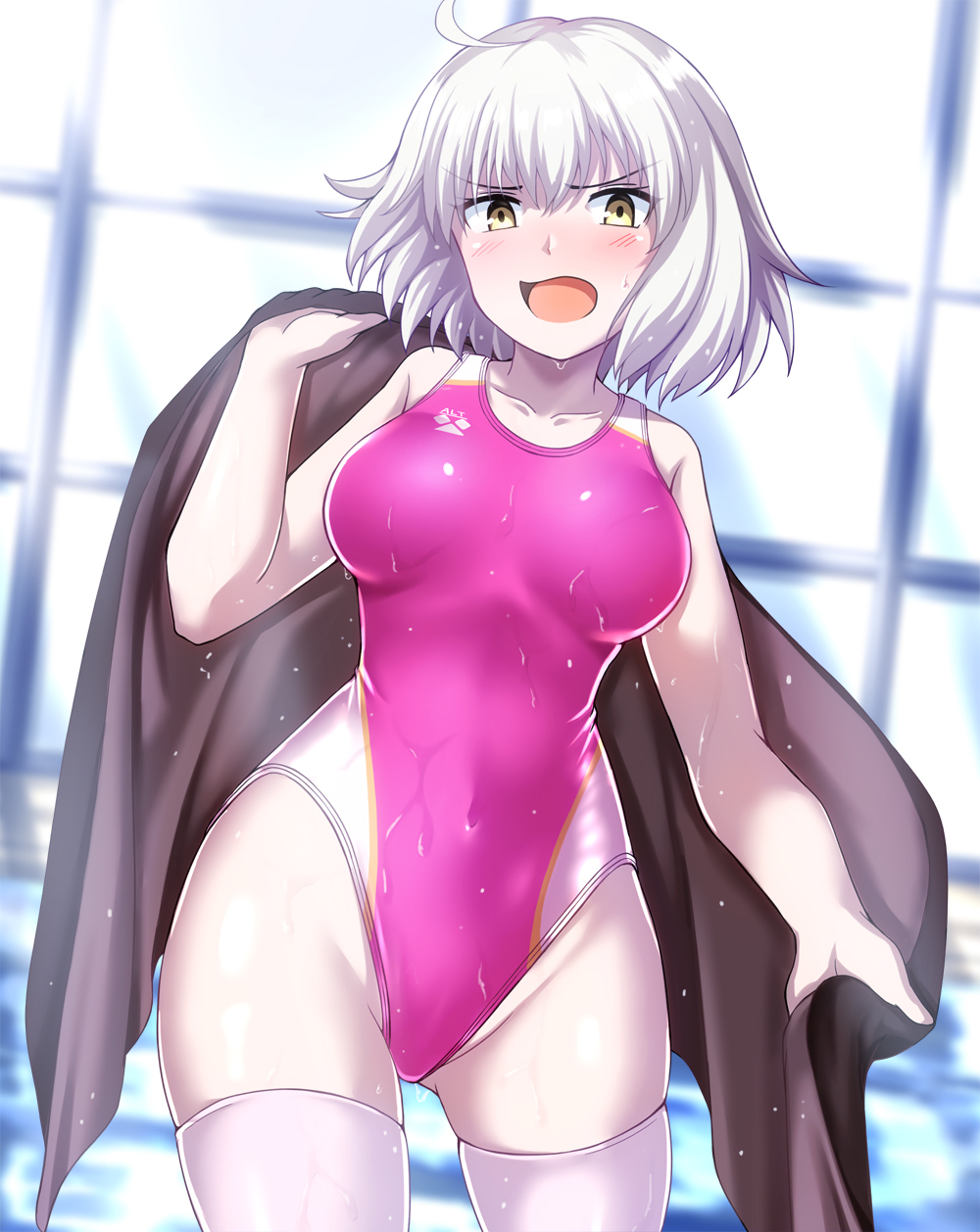 1girl, arena_(company), breasts, brown_towel, collarbone, competition_swimsuit, cowboy_shot, embarrassed