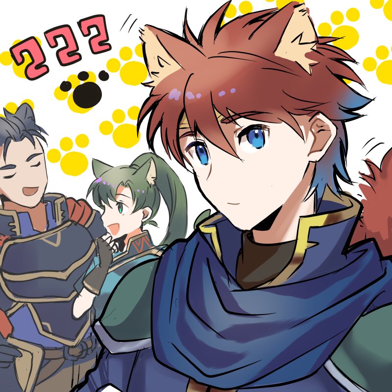 animal_ears, armor, blue_eyes, blue_hair, blush, cape, cat_ears, cat_girl, closed_eyes, earrings, eliwood_(fire_emblem), fingerless_gloves, fire_emblem, fire_emblem:_rekka_no_ken, fire_emblem_heroes, gloves, green_eyes, green_hair, hamomo_fe, hector_(fire_emblem), high_ponytail, jewelry, long_hair, looking_at_viewer, lyndis_(fire_emblem), nintendo, pelvic_curtain, ponytail, redhead, short_hair, simple_background, smile