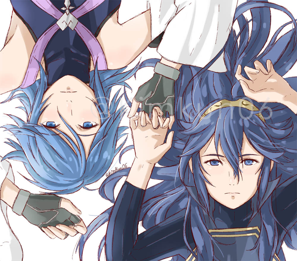 2girls, aqua_(kingdom_hearts), blue_eyes, blue_hair, closed_mouth, crossover, eyebrows_visible_through_hair, fingerless_gloves, fire_emblem, fire_emblem_awakening, gloves, hair_between_eyes, hair_ornament, hand_holding, holding, interlocked_fingers, kimkun06, kingdom_hearts, kingdom_hearts_birth_by_sleep, long_hair, looking_at_viewer, lucina_(fire_emblem), multiple_girls, nintendo, open_eyes, ribbed_sweater, short_hair, simple_background, sweater, tiara, turtleneck, turtleneck_sweater, twitter_username, watermark, white_background