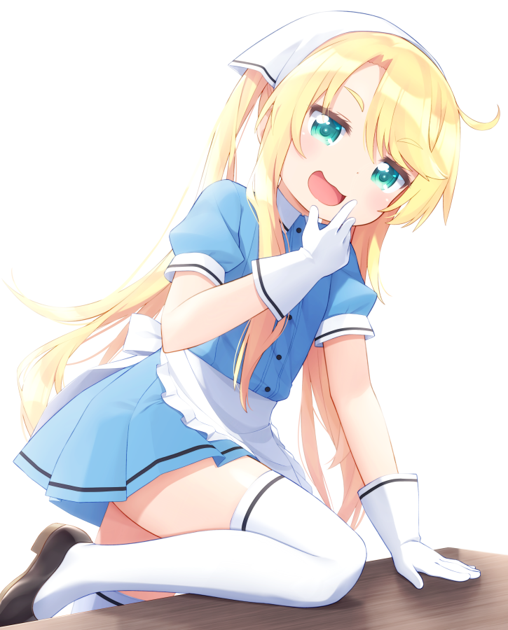 1girl, :d, apron, arm_support, bangs, blend_s, blonde_hair, blue_shirt, blue_skirt, brown_footwear, collared_shirt, commentary_request, cosplay, dress_shirt, eyebrows_visible_through_hair, frilled_apron, frills, gloves, green_eyes, hair_between_eyes, hand_to_own_mouth, hand_up, haribote_(tarao), head_scarf, himesaka_noa, hinata_kaho, hinata_kaho_(cosplay), kitou_akari, long_hair, open_mouth, pleated_skirt, puffy_short_sleeves, puffy_sleeves, revision, seiyuu_connection, shirt, shoes, short_sleeves, simple_background, skirt, smile, solo, stile_uniform, thigh-highs, twintails, uniform, very_long_hair, waist_apron, waitress, watashi_ni_tenshi_ga_maiorita!, white_apron, white_background, white_gloves, white_legwear