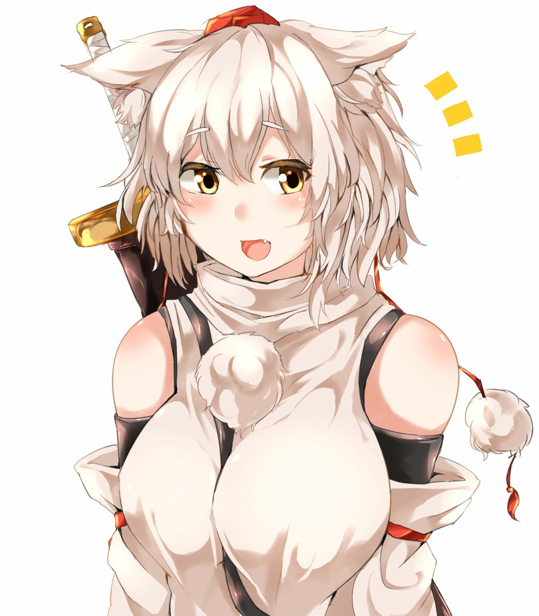 1girl, :d, animal_ear_fluff, animal_ears, bare_shoulders, between_breasts, breasts, detached_sleeves, eyebrows_visible_through_hair, fang, grey_hair, hair_between_eyes, hat, high_collar, highres, houkai_(collapse_illust), inubashiri_momiji, looking_at_viewer, medium_hair, open_mouth, pom_pom_(clothes), sheath, sheathed, shirt, simple_background, sleeveless, sleeveless_shirt, smile, solo, sword, sword_behind_back, tokin_hat, touhou, upper_body, weapon, white_background, wolf_ears, yellow_eyes