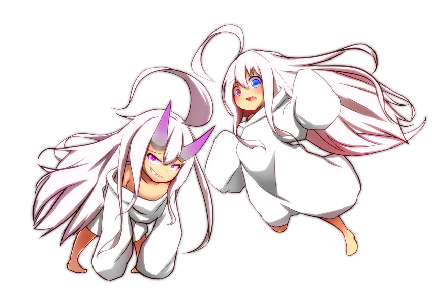 1girl, absurdres, ahoge, bangs, barefoot, blue_eyes, blush, commentary_request