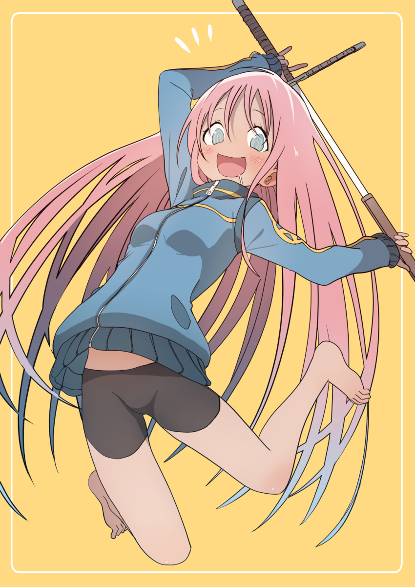 /\/\/\, 1girl, @_@, al_bhed_eyes, barefoot, bike_shorts, blue_eyes, blush, breasts, crazy_eyes, drooling, hair_between_eyes, highres, jacket, lee_ni-je, long_hair, looking_at_viewer, luke_(dydansgur), open_mouth, park_ssi-yu_daegi, pink_hair, saliva, sheath, simple_background, smile, solo, sword, unsheathing, weapon, yellow_background