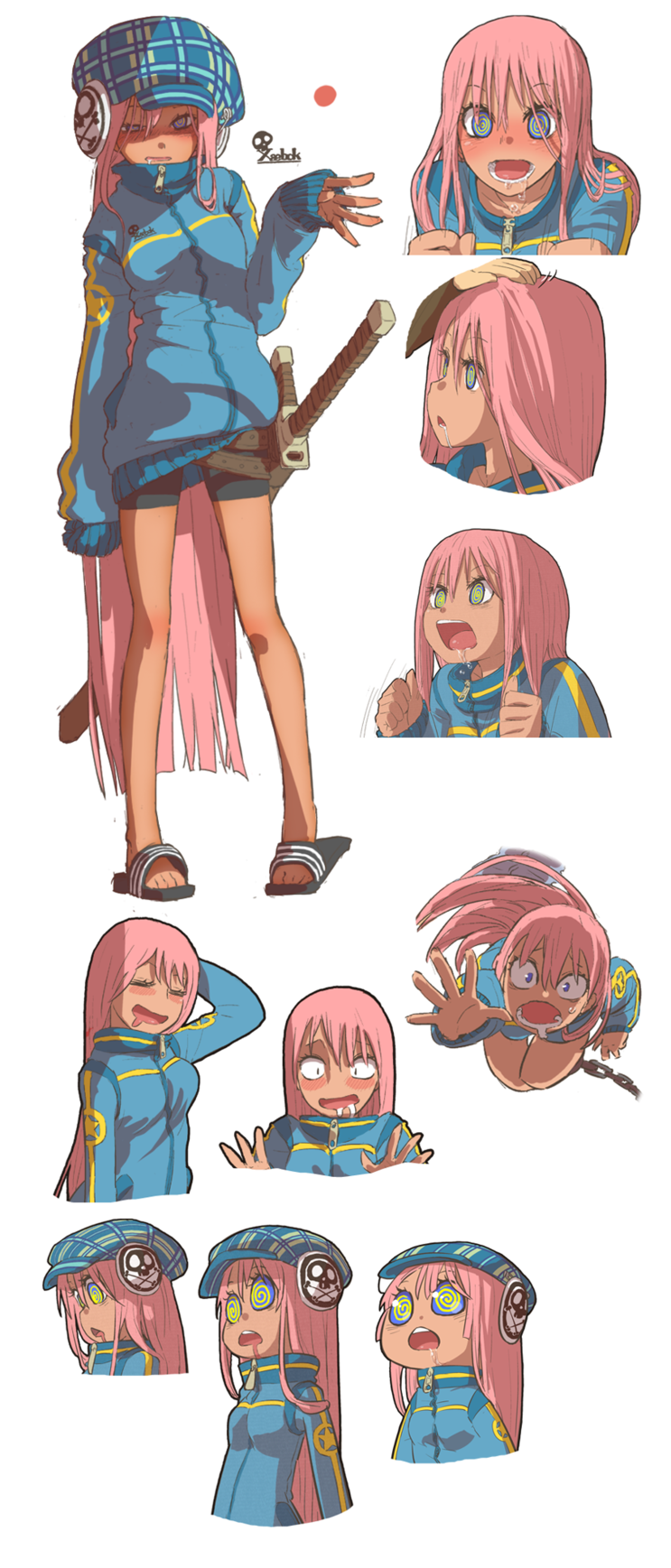 1girl, :p, =_=, @_@, al_bhed_eyes, bike_shorts, blue_eyes, blush, cabbie_hat, character_sheet, choe_sun-gyeong, drooling, hand_on_another's_head, hat, highres, lee_ni-je, long_hair, looking_at_viewer, open_mouth, park_ssi-yu_daegi, petting, pink_hair, saliva, sandals, scabbard, sheath, simple_background, smile, solo_focus, sword, tongue, tongue_out, very_long_hair, weapon, white_background