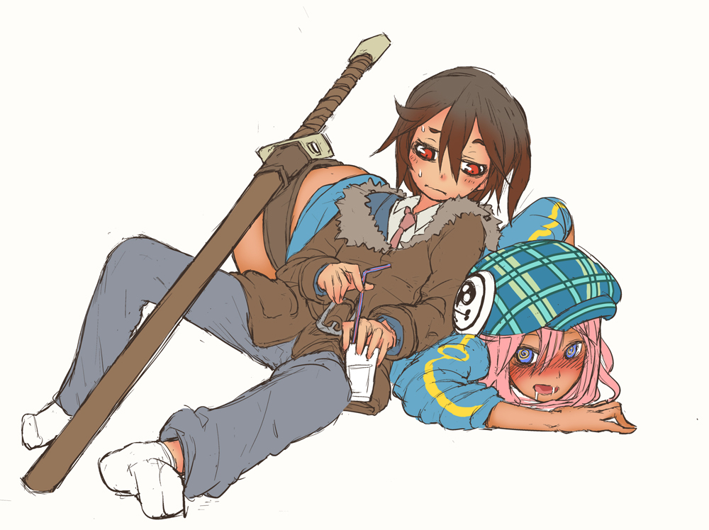 1boy, 1girl, 999knight, black_hair, blue_eyes, cabbie_hat, coat, crazy_eyes