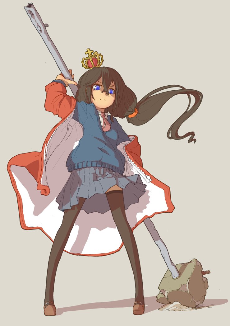 1girl, 999knight, black_hair, black_legwear, blue_eyes, cardigan, crown, full_body