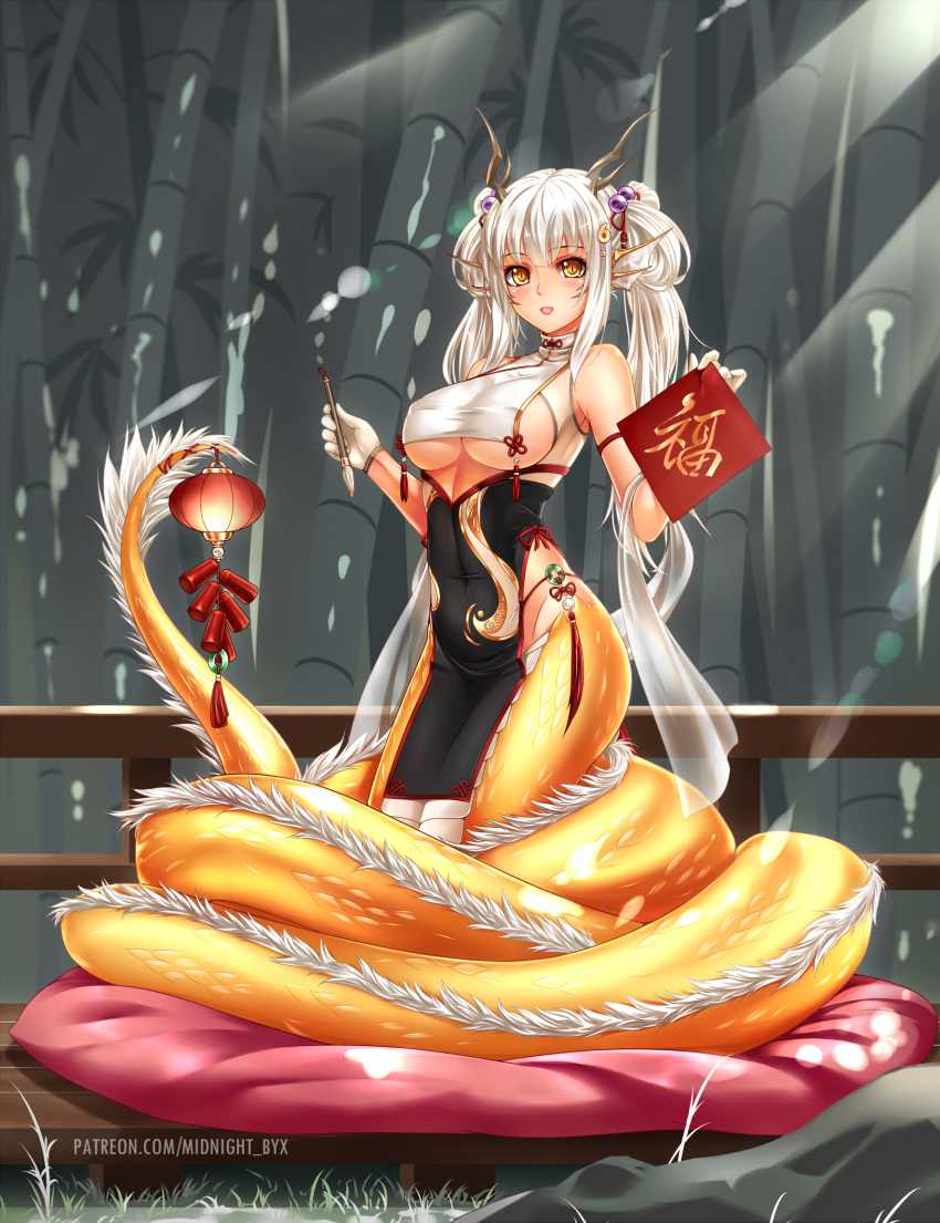 1girl, bangs, bare_shoulders, blunt_bangs, blush, breasts, calligraphy_brush, china_dress