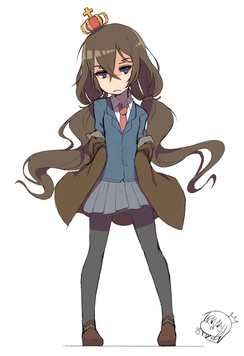 1girl, black_legwear, blue_eyes, brown_hair, chibi, chibi_inset, crown, eyebrows