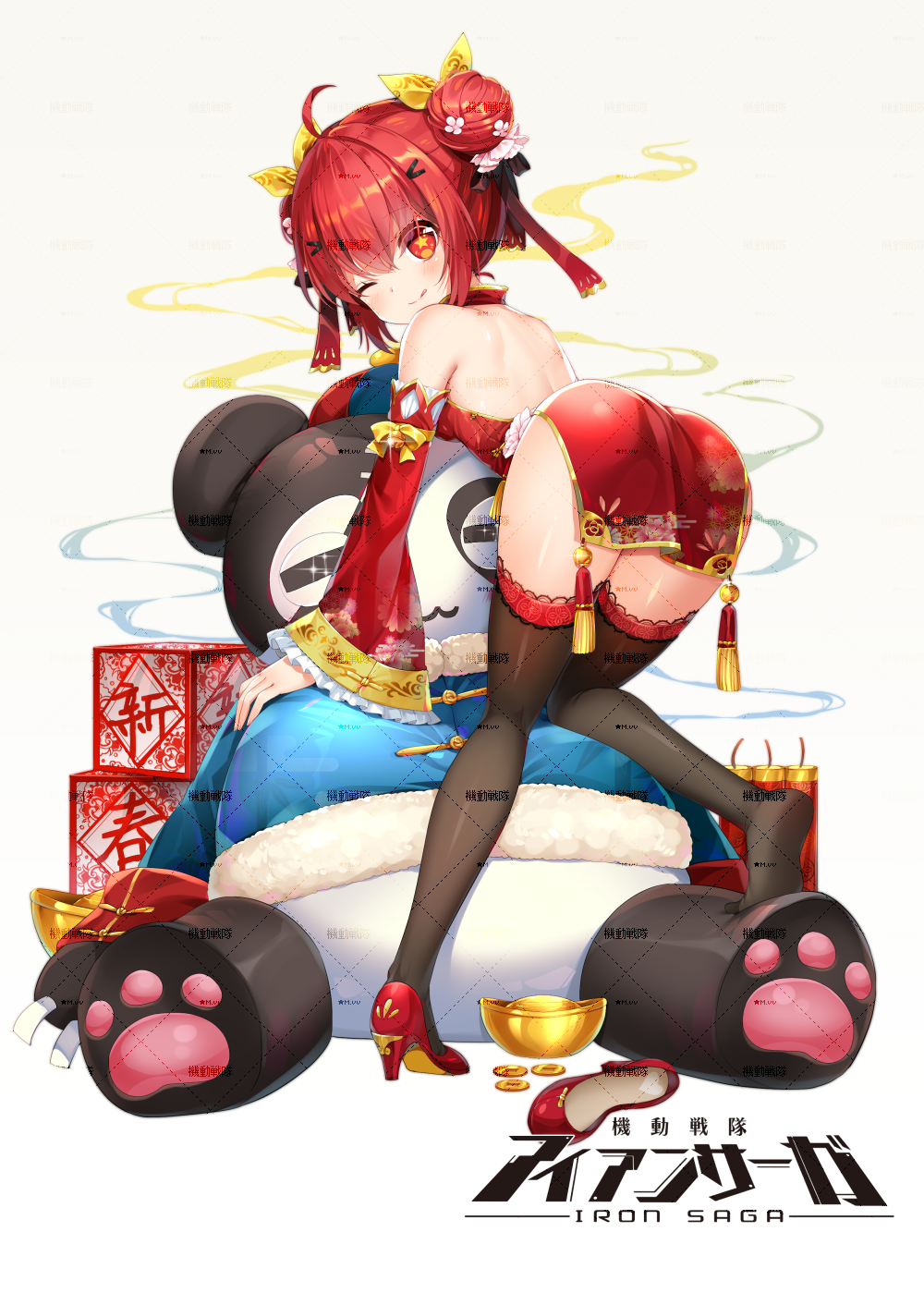 1girl, ;q, ahoge, ass, backless_dress, backless_outfit, bangs, bare_shoulders, blush, brown_legwear, china_dress, chinese_clothes, closed_mouth, commentary_request, copyright_name, detached_sleeves, double_bun, dress, eyebrows_visible_through_hair, gradient, gradient_background, grey_background, hair_between_eyes, hair_ornament, hair_ribbon, hairclip, high_heels, highres, iron_saga, kirastar_(iron_saga), long_sleeves, looking_at_viewer, looking_back, mvv, one_eye_closed, original, red_dress, red_eyes, red_footwear, red_sleeves, redhead, ribbon, shoe_soles, shoes, shoes_removed, side_bun, single_shoe, smile, solo, star, star-shaped_pupils, stuffed_animal, stuffed_panda, stuffed_toy, symbol-shaped_pupils, thigh-highs, tongue, tongue_out, translation_request, vivian_(mvv), white_background, wide_sleeves, yellow_ribbon