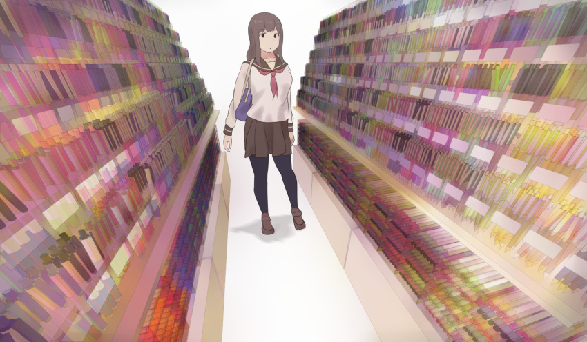 1girl, bag, black_legwear, brown_hair, brown_skirt, commentary_request, handbag, highres