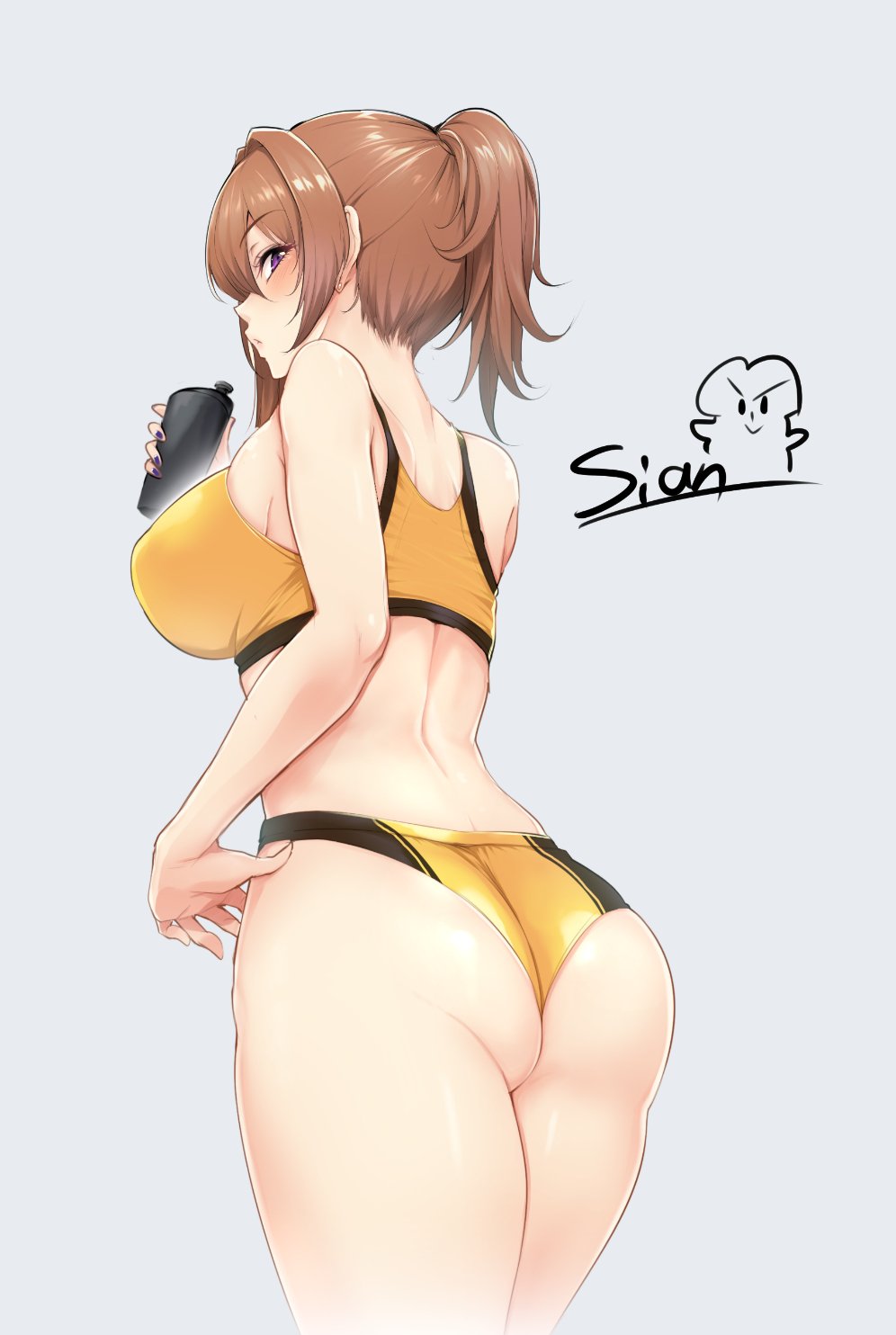 1girl, artist_logo, artist_name, ass, back, bangs, bare_shoulders, blue_background