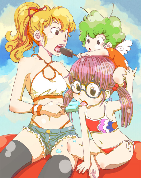 akane, barefoot, bikini, blonde_hair, child, denim, denim_shorts, dr._slump, glasses, kimidori_akane, melting, mov, multiple_girls, norimaki_arale, norimaki_gajira, ponytail, popsicle, purple_hair, shorts, side-tie_bikini, sitting, swimsuit, thigh-highs, thighhighs, twintails
