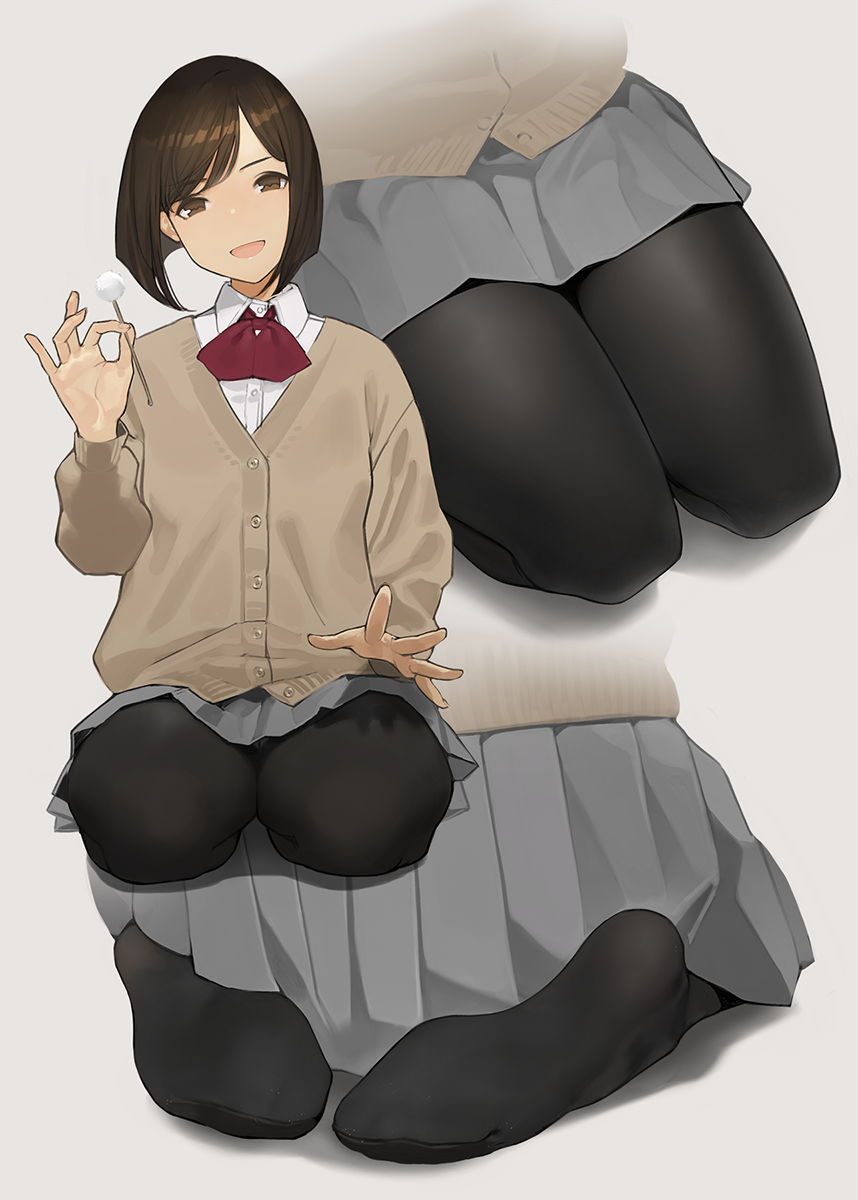 1girl, :d, black_legwear, brown_eyes, buttons, collared_shirt, crotch_seam, feet