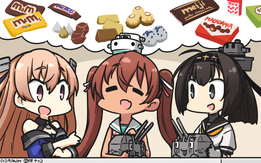 3girls, ahoge, akizuki_(kantai_collection), apollo_chocolate, black_eyes, black_hair, black_sailor_collar, blue_shirt
