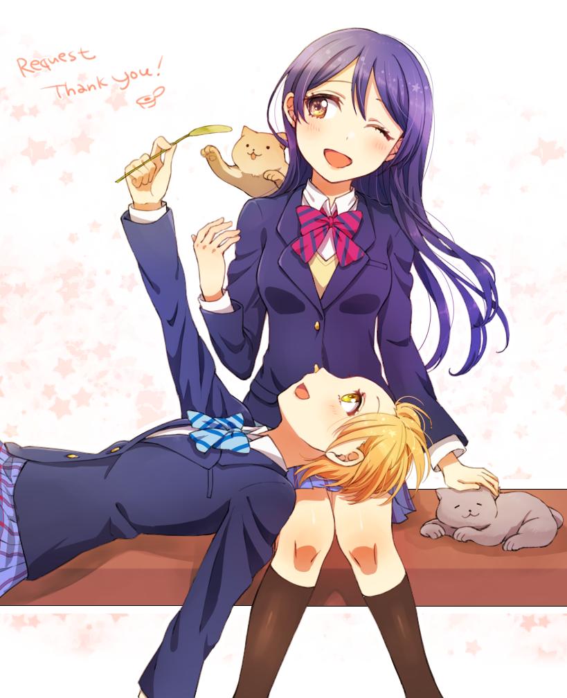 2girls, animal, bangs, blazer, blue_hair, blue_neckwear, bow, bowtie