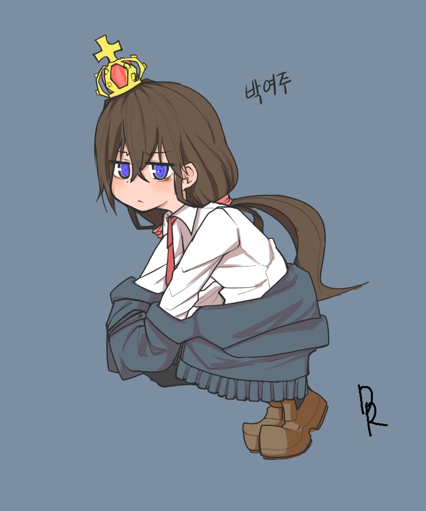 1girl, black_hair, black_legwear, blue_eyes, character_name, crown, ddari, full_body