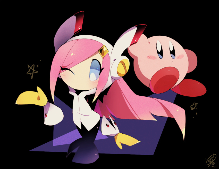 1boy, 1girl, blue_eyes, disembodied_hands, gloves, kirby, kirby_(series), nintendo