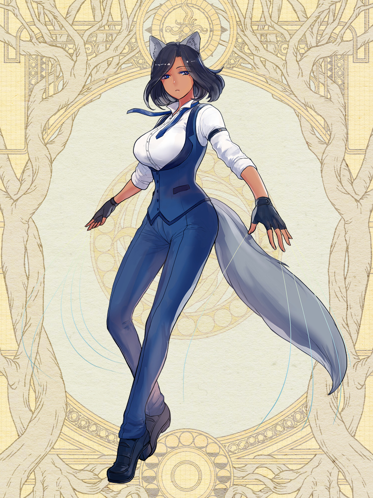 1girl, animal_ears, belladonna_bertinelli, black_footwear, black_gloves, black_hair, blue_eyes, blue_neckwear, blue_pants, breasts, dairoku_youhei, dark_skin, fingerless_gloves, fox_ears, fox_tail, full_body, gloves, kishiba_yuusuke, large_breasts, long_sleeves, looking_at_viewer, medium_hair, pants, standing, tail